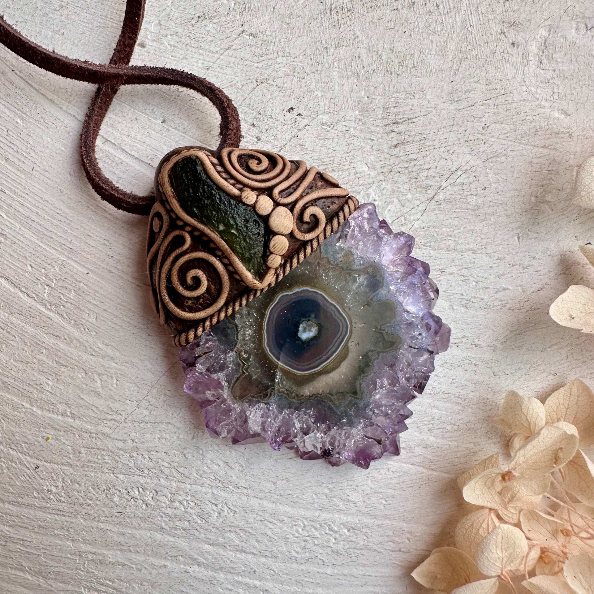 Amethyst Stalactite and Moldavite Pendant Necklace - FairyGardenGlow