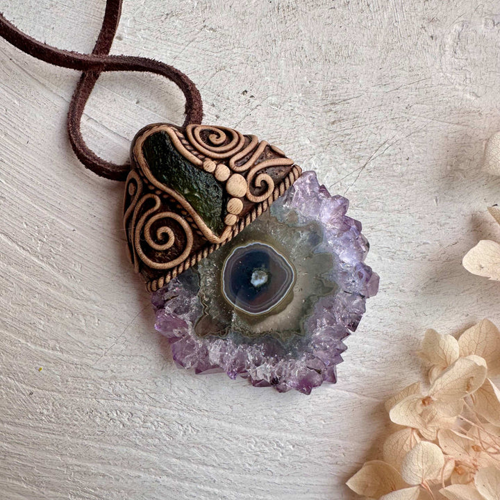 Amethyst Stalactite and Moldavite Pendant Necklace - FairyGardenGlow