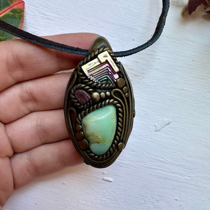 Chrysoprase Bismuth and Ruby Necklace - FairyGardenGlow