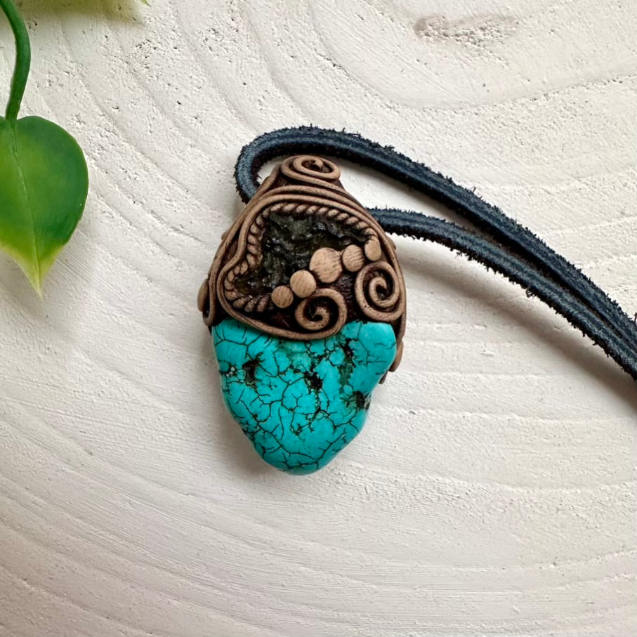 Turquoise and Moldavite Pendant Necklace, Unisex Jewelry