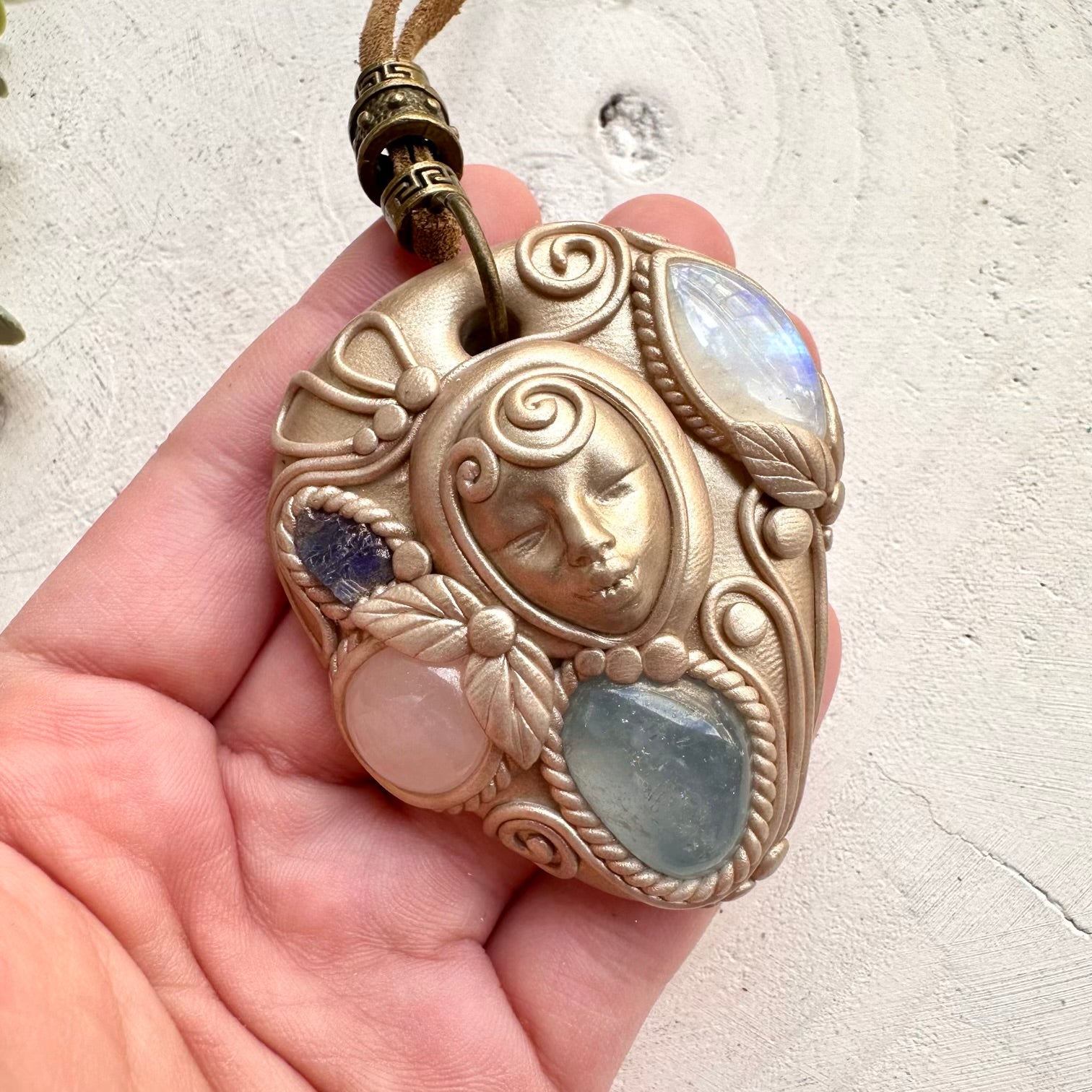 Rainbow moonstone celestite and rose quartz healing crystal necklace