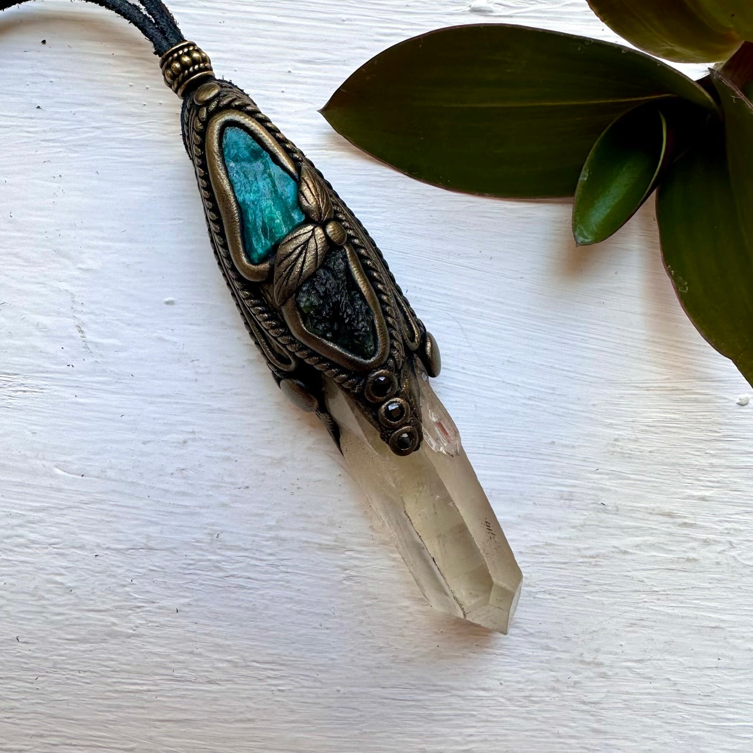 Kundalini Citrine Chrysocolla Moldavite and Blue Sapphire Wand / Pendant, Healing Crystal Tool - FairyGardenGlow