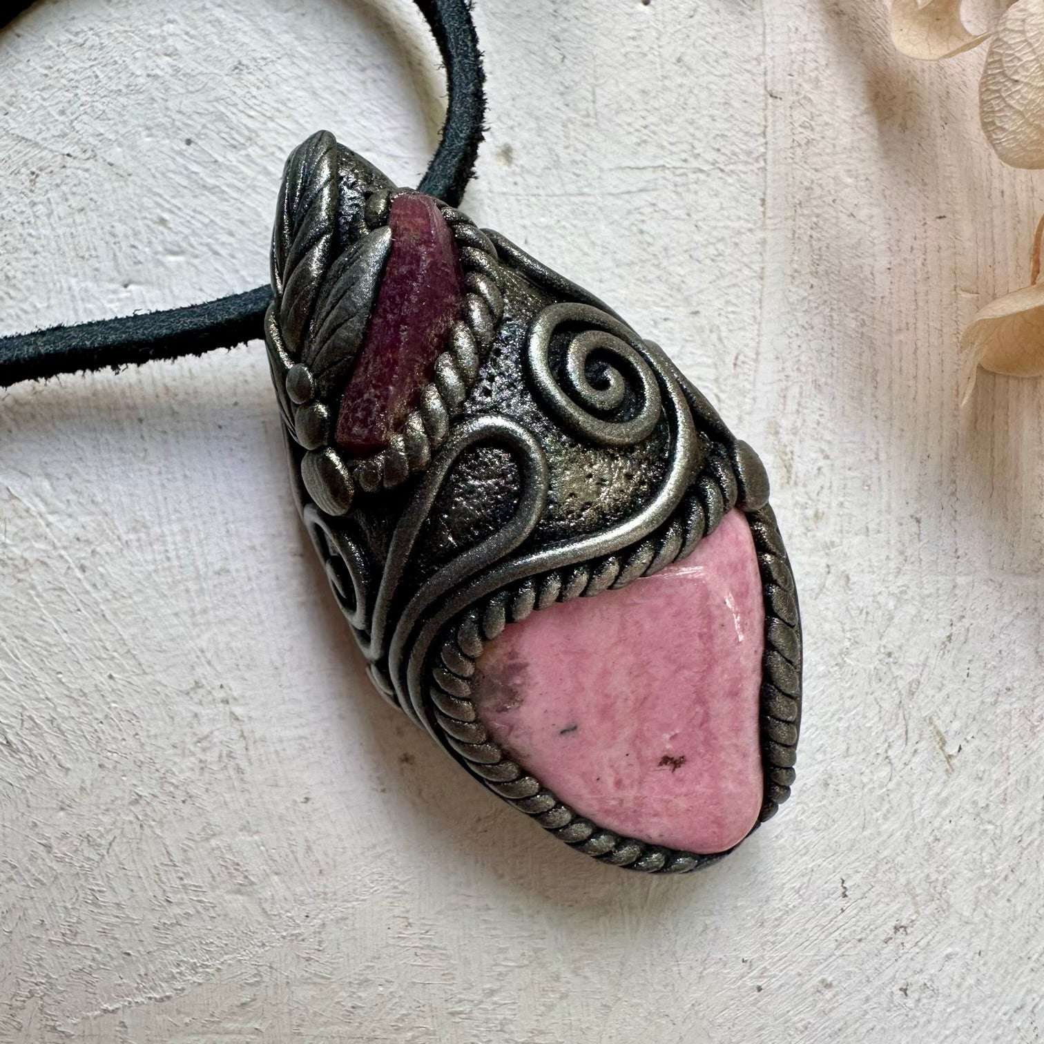 Peruvian Rhodonite and Raw Ruby Pendant Necklace - FairyGardenGlow