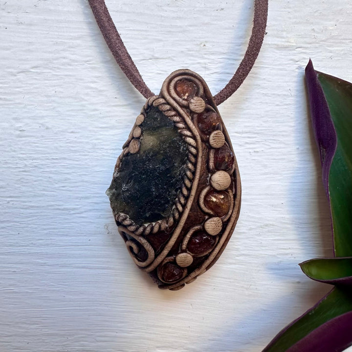 Moldavite and Hessonite Garnet Necklace, Unisex Crystal Jewelry - FairyGardenGlow