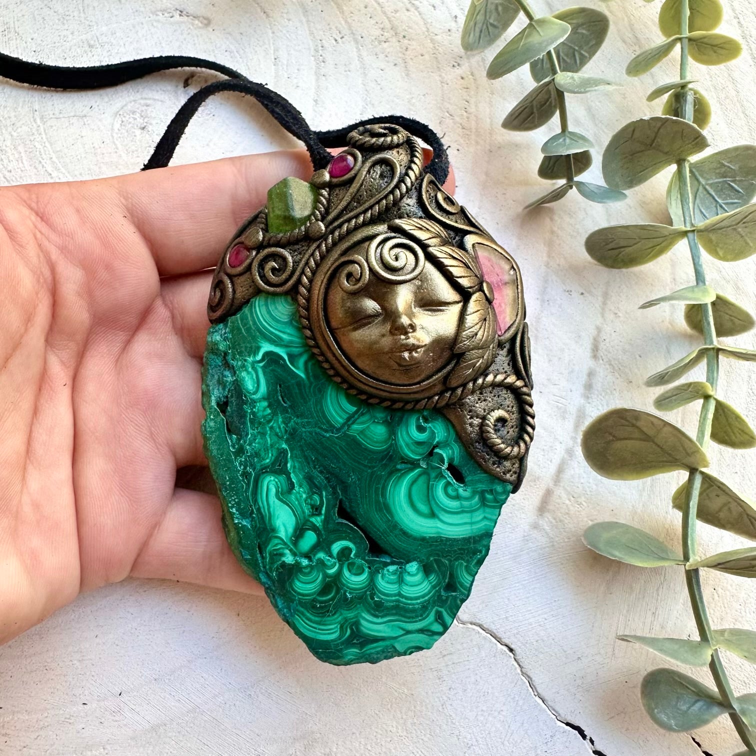 Meditation necklace with Malachite, Tourmaline and Peridot