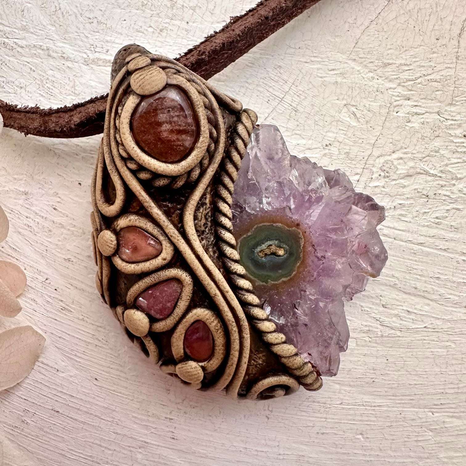 Amethyst Stalactite Sunstone and Pink Tourmaline Pendant Necklace - FairyGardenGlow