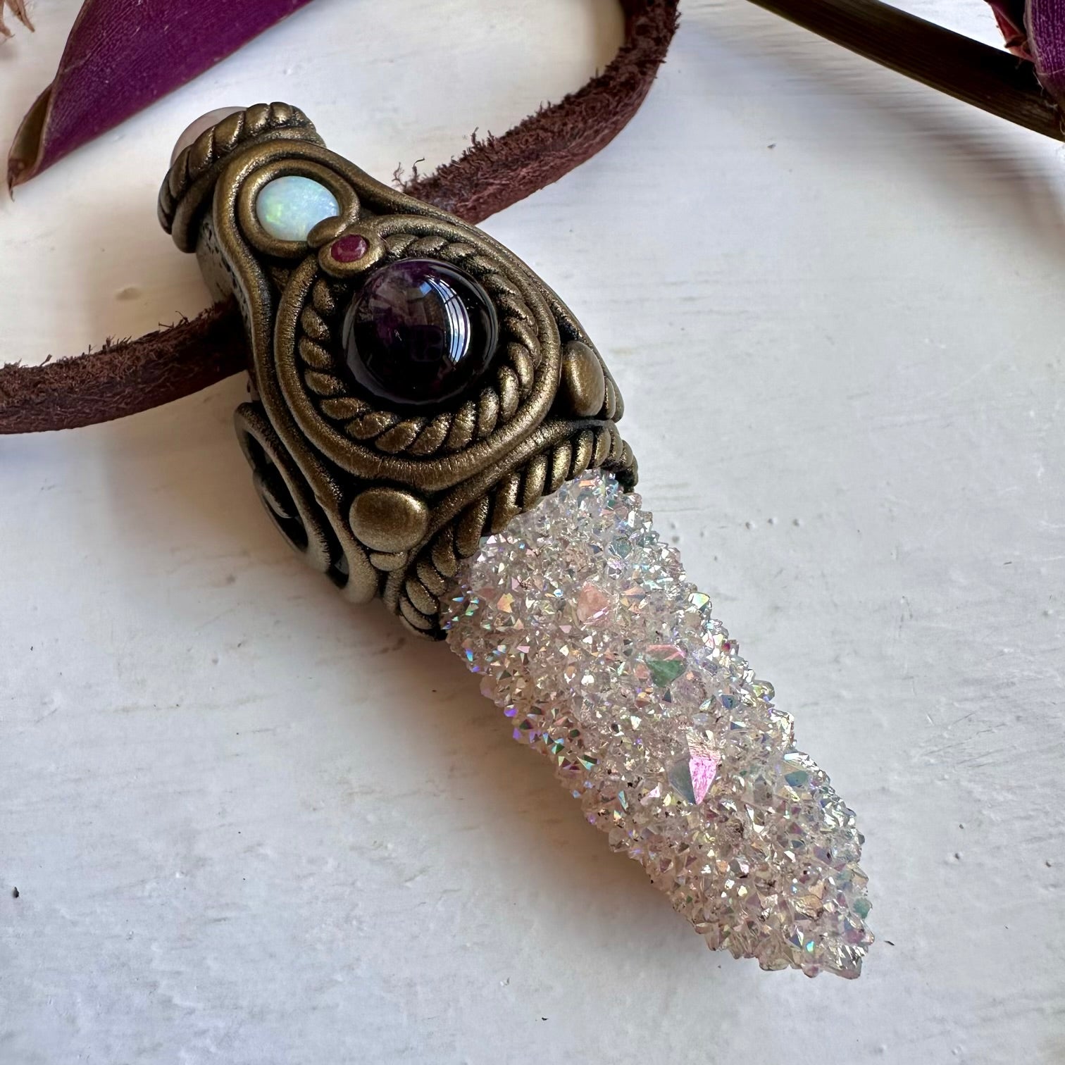 Angel Aura Spirit Quartz Morganite Amethyst Australian Opal and Ruby Pendant Necklace - FairyGardenGlow