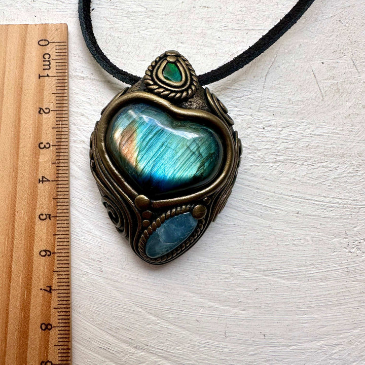 Labradorite Heart Aquamarine and Black Opal Pendant - FairyGardenGlow