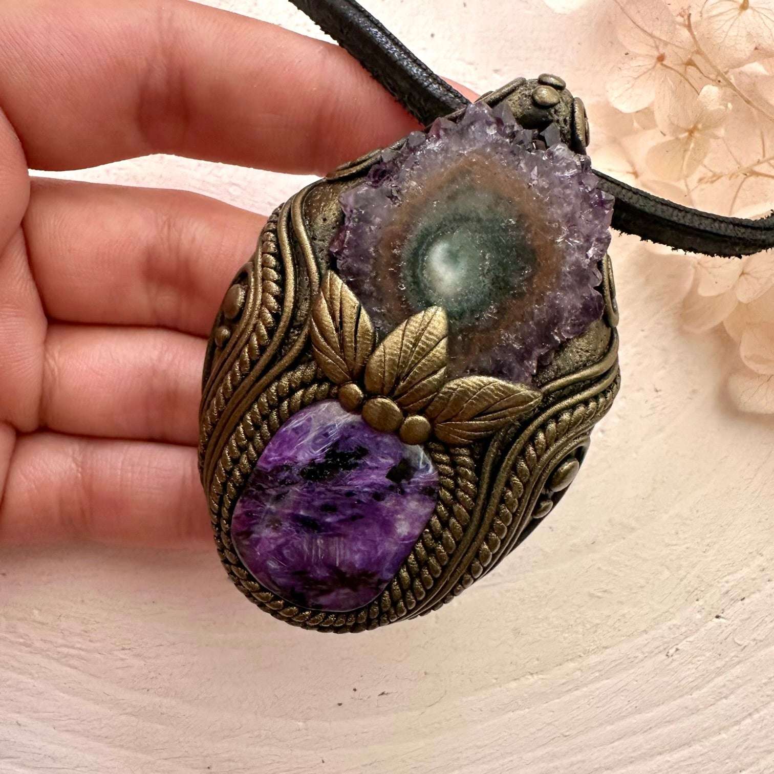 Charoite and Amethyst Stalactite Necklace - FairyGardenGlow
