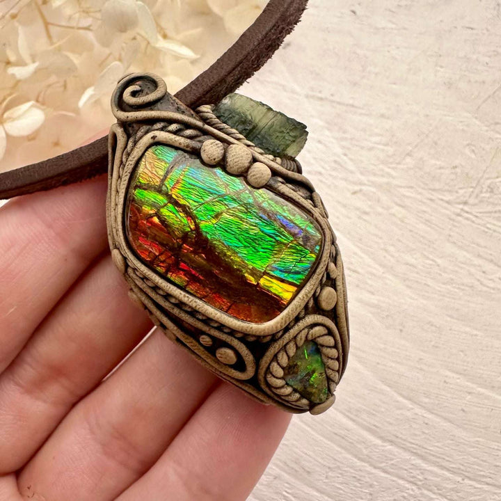 Ammolite Boulder Opal and Moldavite Necklace - FairyGardenGlow