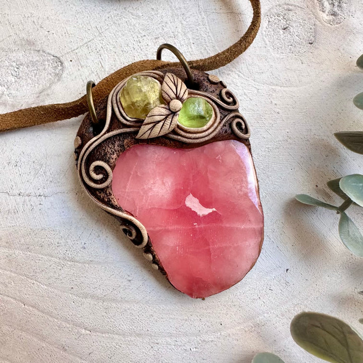 Rhodochrosite pendant necklace with Peridot and Brazilianite handmade with natural gemstones