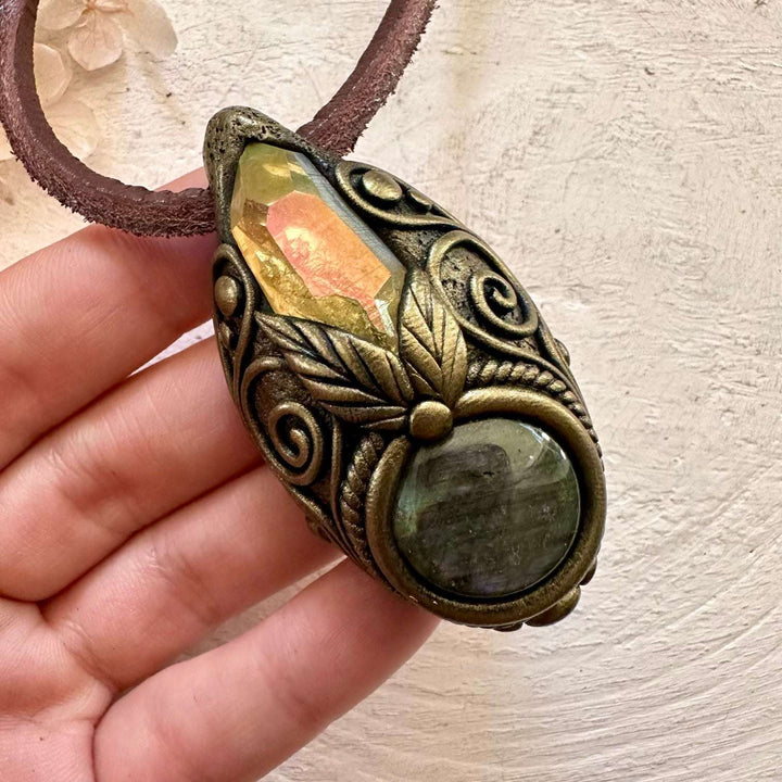 Labradorite and Sunset Aura Quartz Necklace - FairyGardenGlow