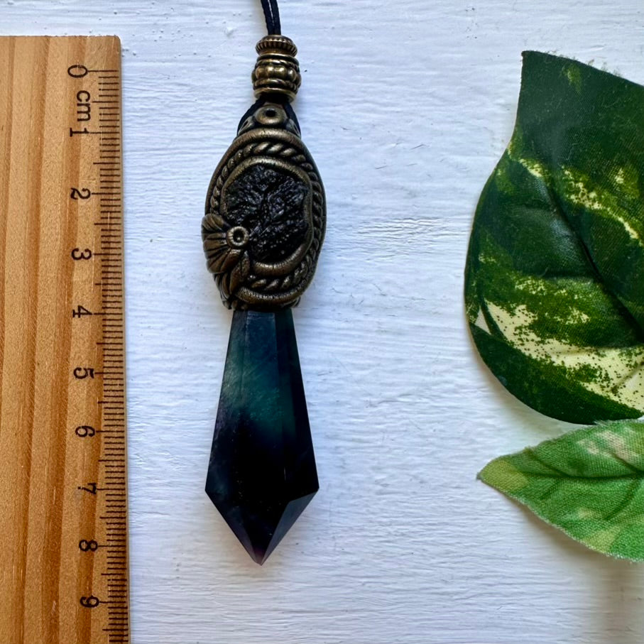 Blue Rainbow Fluorite and Moldavite Pendant Necklace - FairyGardenGlow