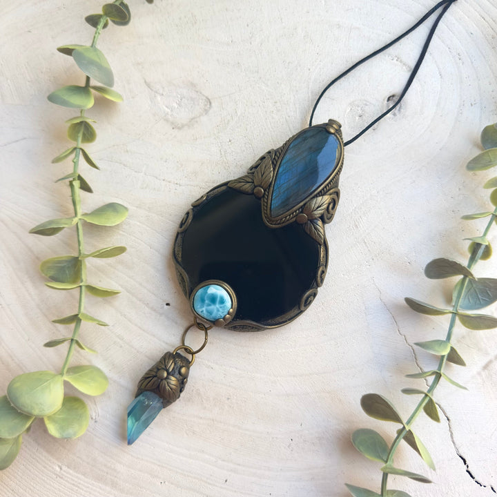 Protection altar decor with Black Obsidian mirror and crystals