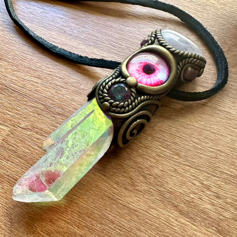 Angel Aura Quartz Rose Quartz Ruby and Mystic Topaz Eye Healing Crystal Talisman - FairyGardenGlow