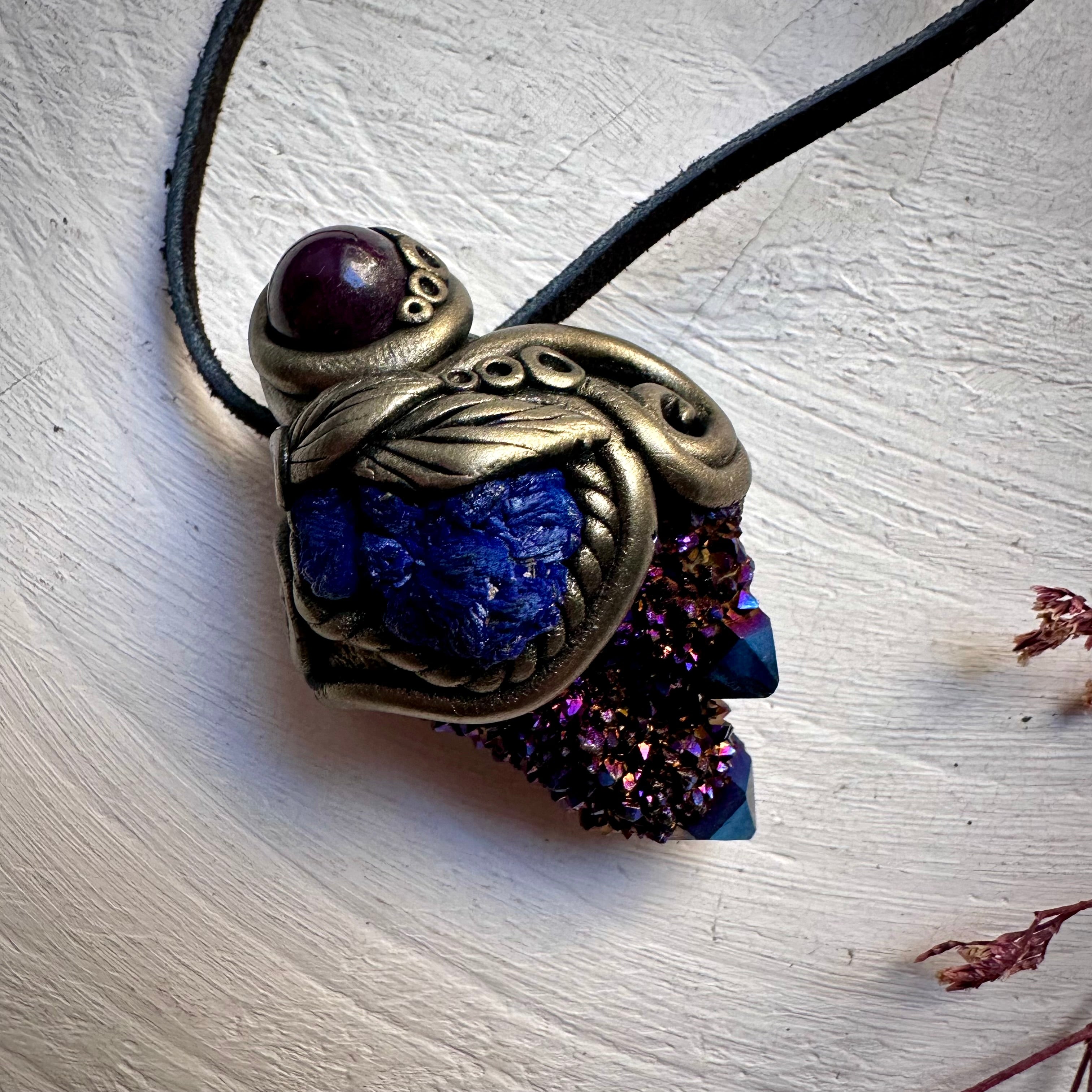 Cobalt Aura Spirit Quartz Azurite and Ruby Necklace - FairyGardenGlow