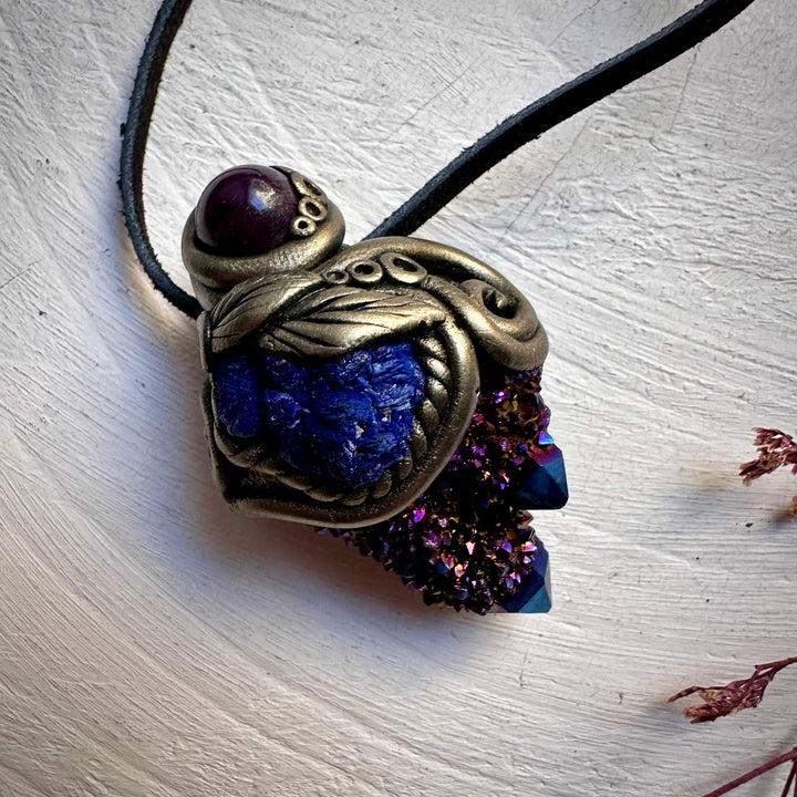 Cobalt Aura Spirit Quartz Azurite and Ruby Necklace - FairyGardenGlow