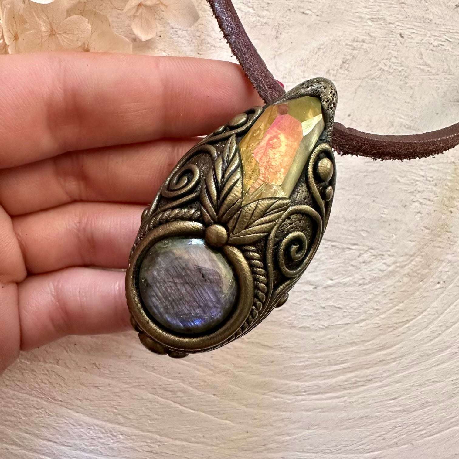 Labradorite and Sunset Aura Quartz Necklace - FairyGardenGlow