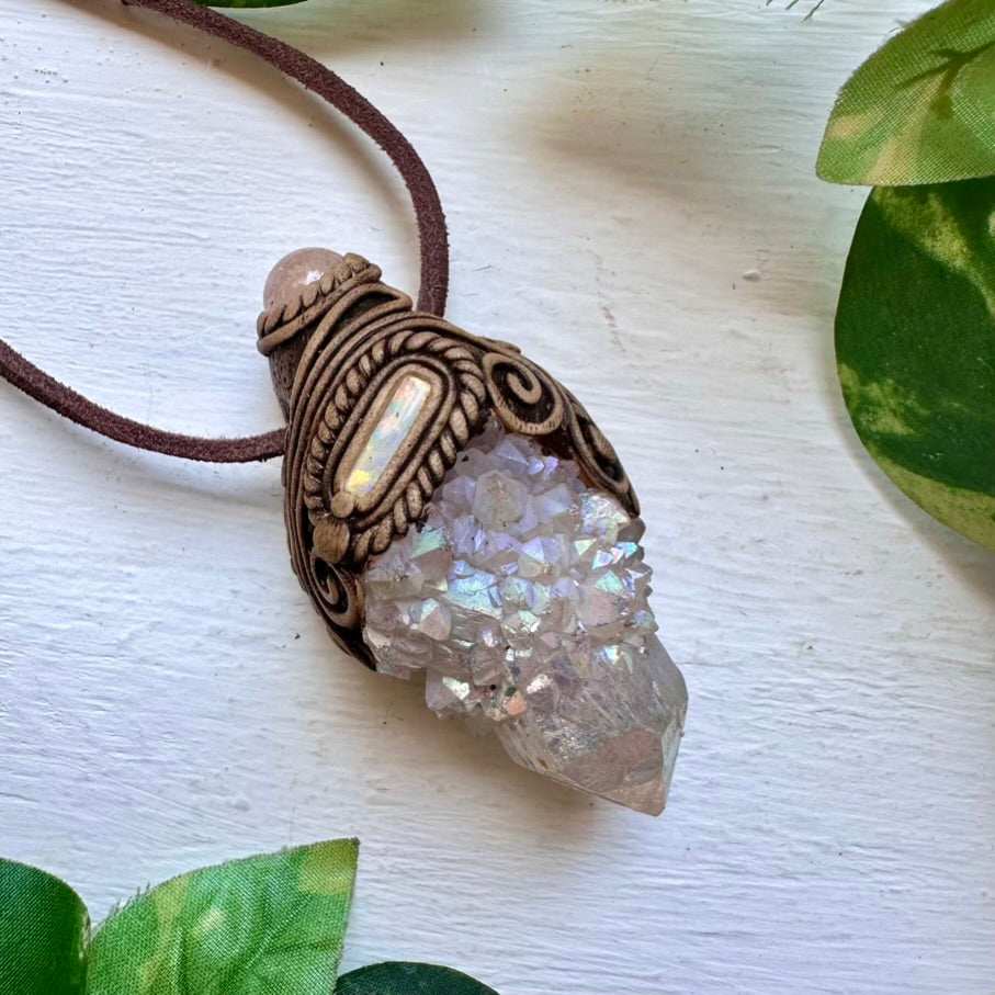 Angel Aura Spirit Quartz Morganite and Australian Opal Pendant Necklace - FairyGardenGlow