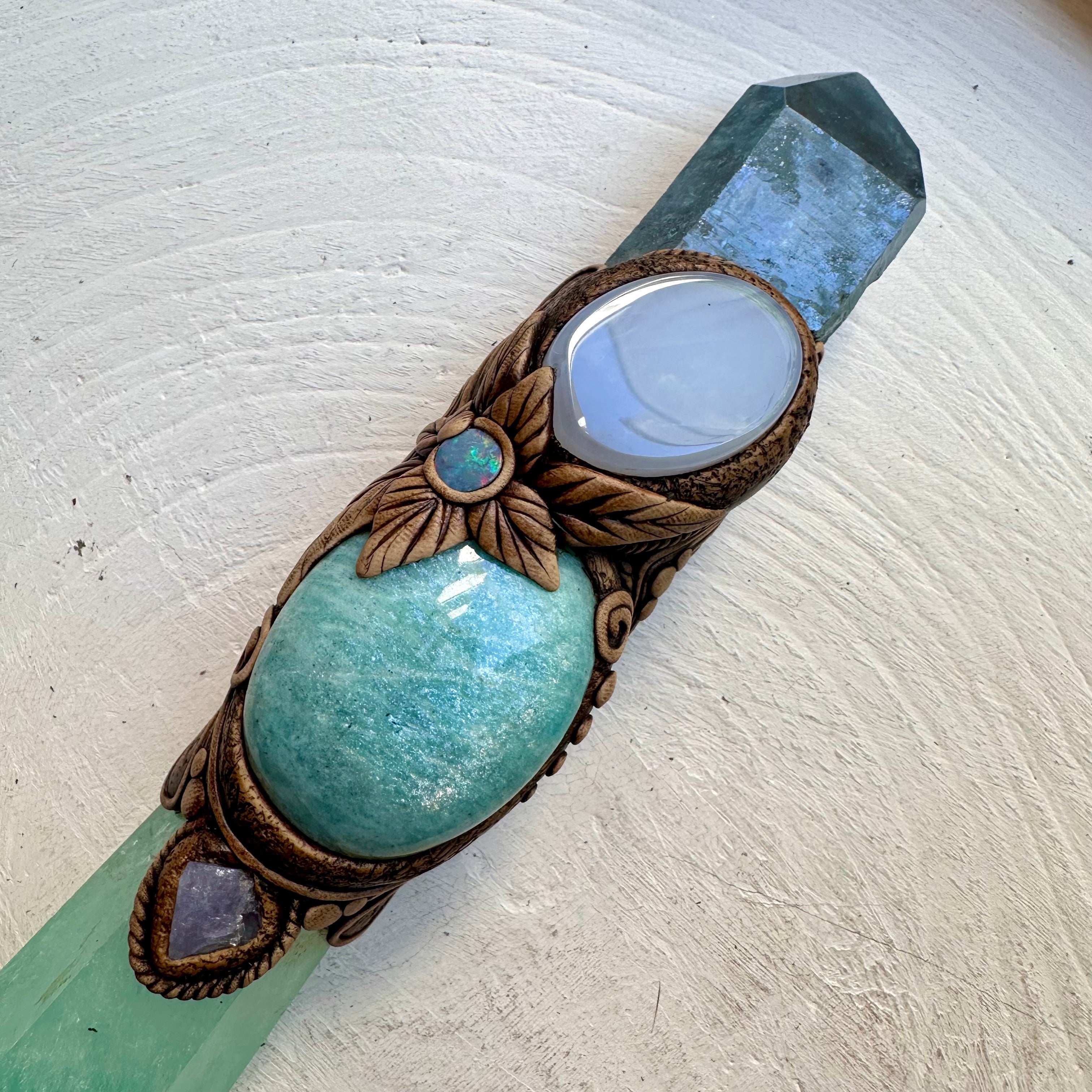 Crystal Wand - Green Fluorite, Aqua Aura Quartz, Amazonite, Blue Chalcedony, Tanzanite and Australian Opal Doublet - FairyGardenGlow
