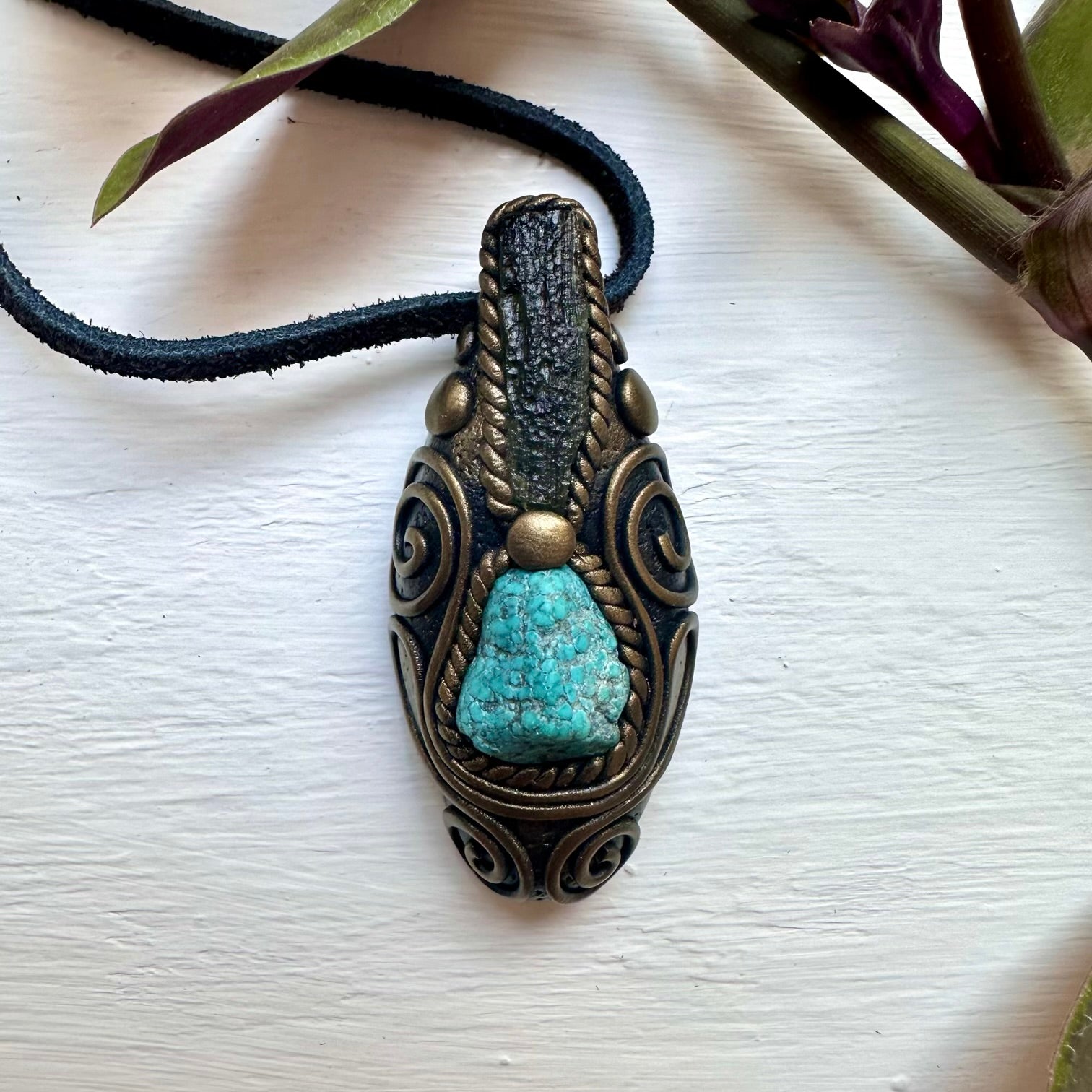 Turquoise and Moldavite Pendant Necklace - FairyGardenGlow