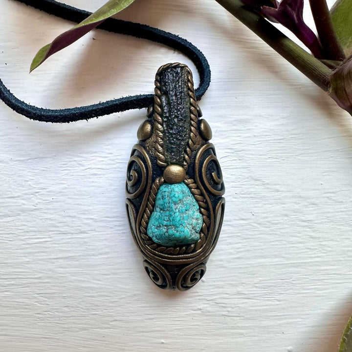 Turquoise and Moldavite Pendant Necklace - FairyGardenGlow