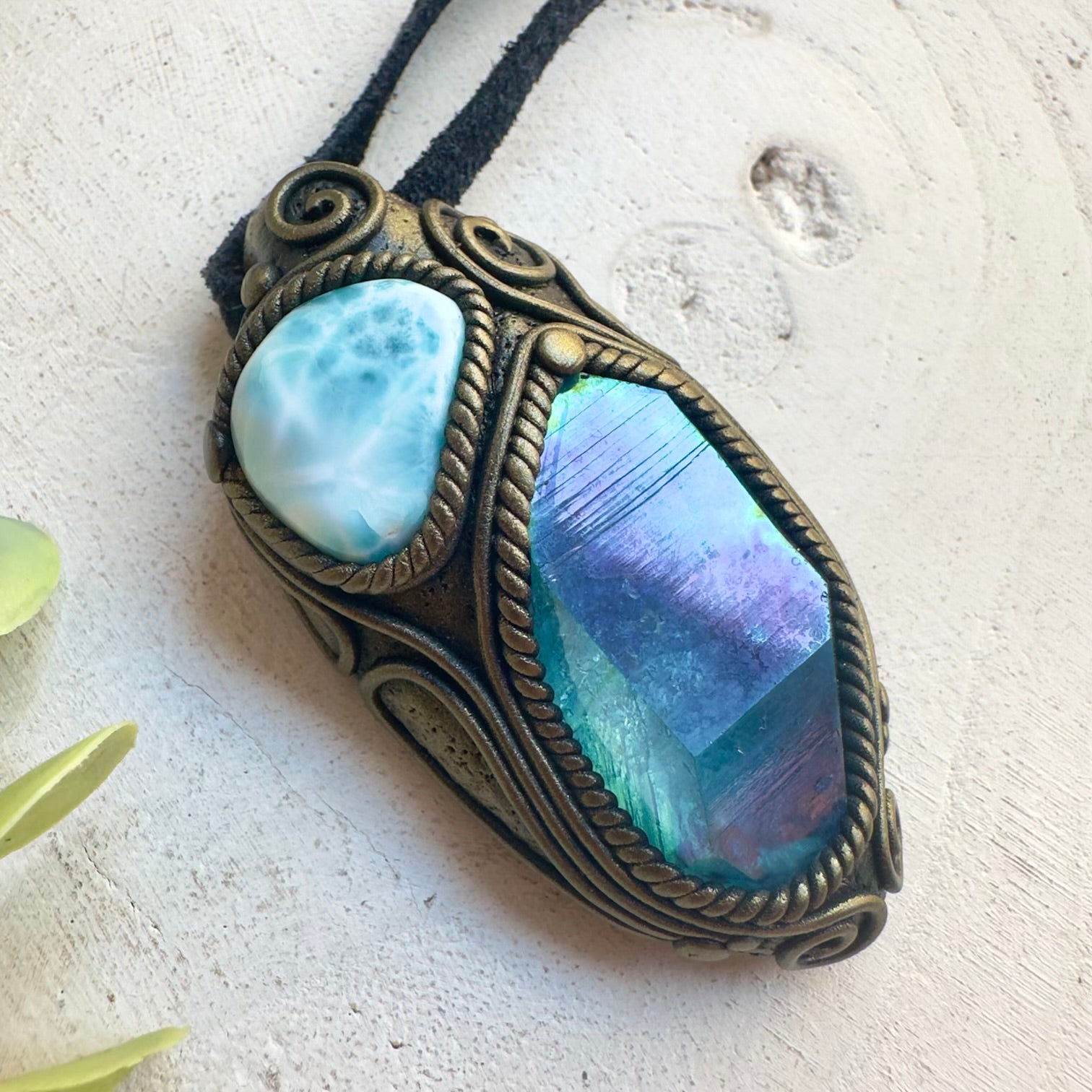 One of a kind crystal necklace with Larimar and Aqua Aura Quartz