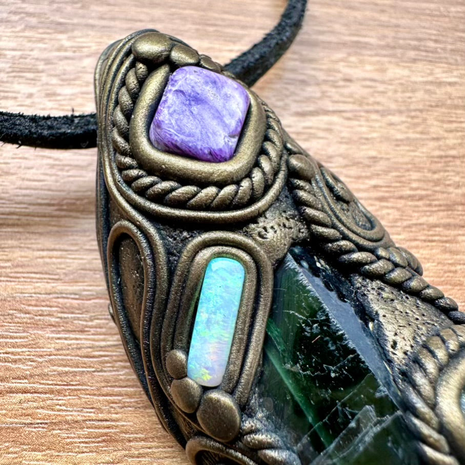 Gorgeous Vivianite with Moldavite, Charoite, Solid Australian Opal, and Lapis Lazuli Healing Crystal Wand-Pendant, Handmade Healing Crystal Talisman - FairyGardenGlow