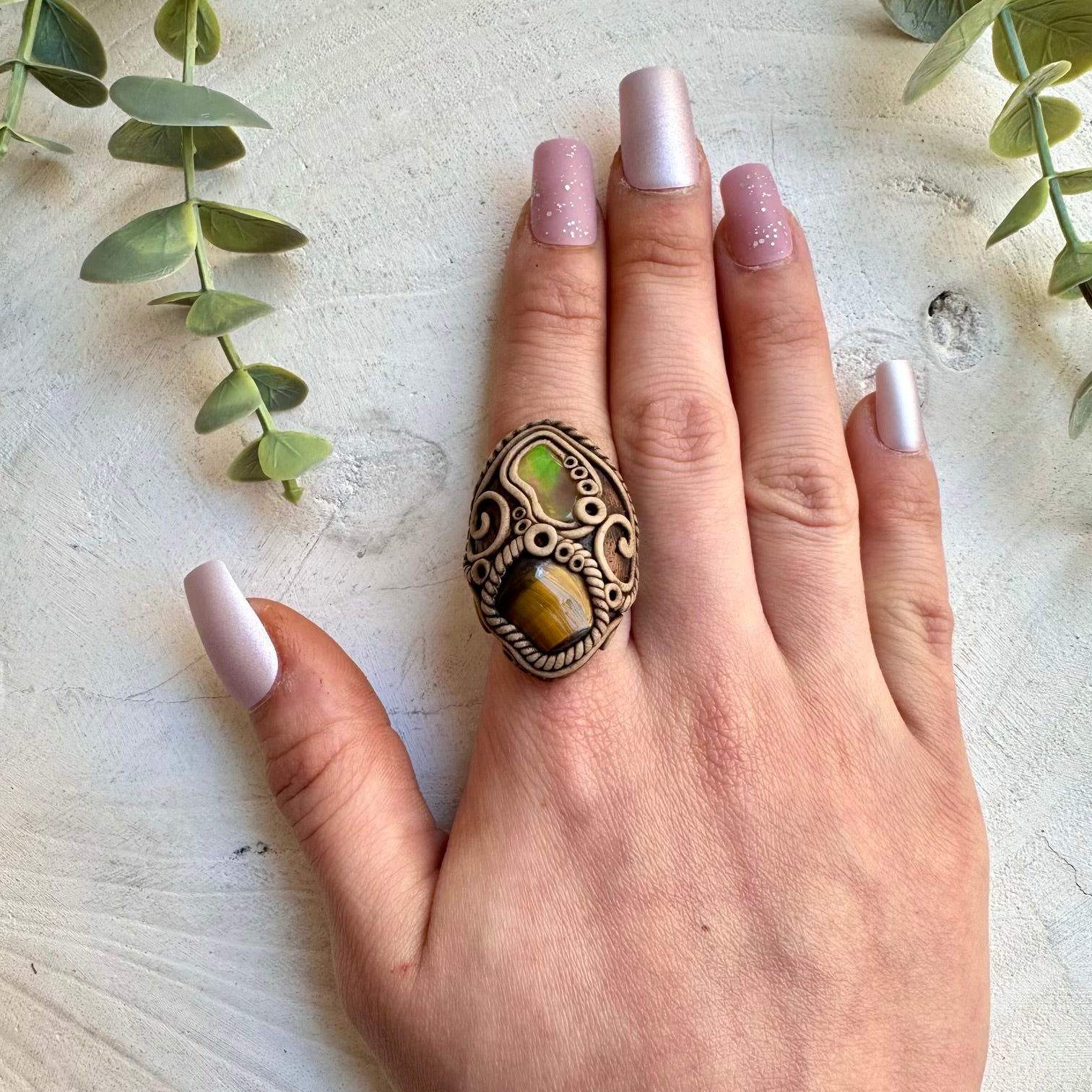 Tigers Eye and Ethiopian Opal Adjustable Ring