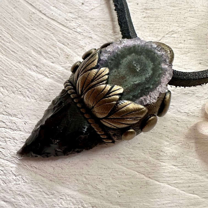 Black Obsidian Arrowhead and Amethyst Stalactite Necklace - FairyGardenGlow