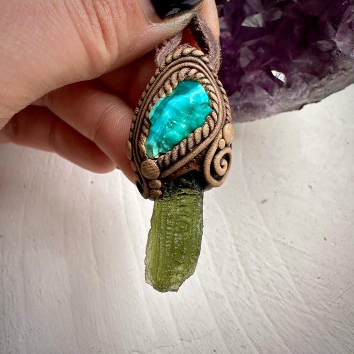Moldavite and Raw Chrysocolla Necklace - FairyGardenGlow