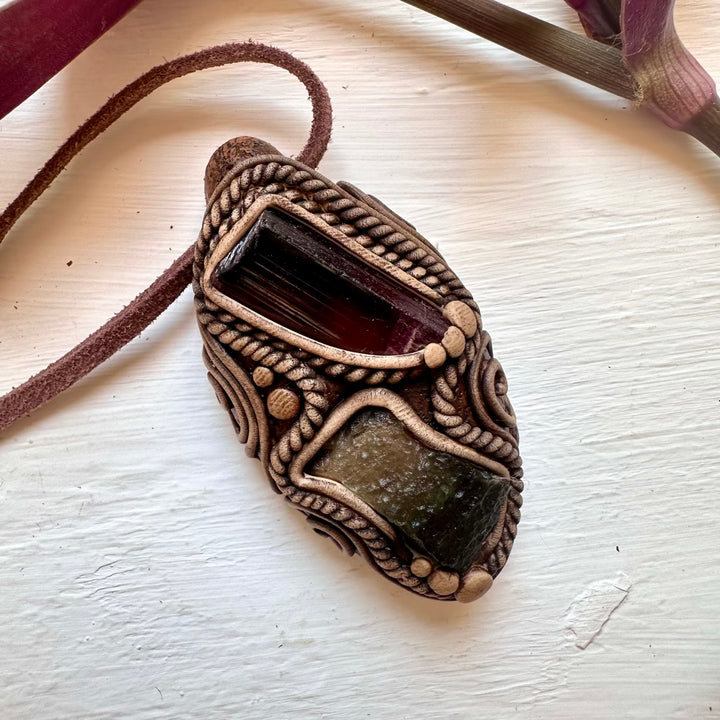 Rubellite Tourmaline and Moldavite Pendant Necklace - FairyGardenGlow
