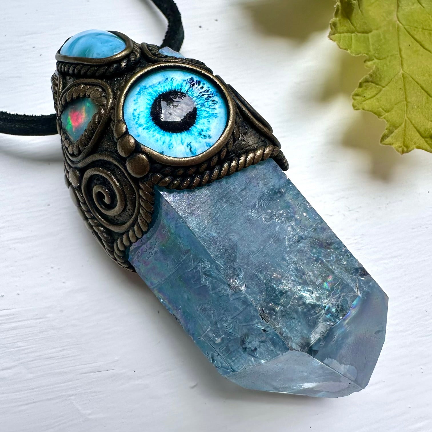 Aqua Aura Quartz Larimar and Raw Opal Eye Wand / Pendant - FairyGardenGlow