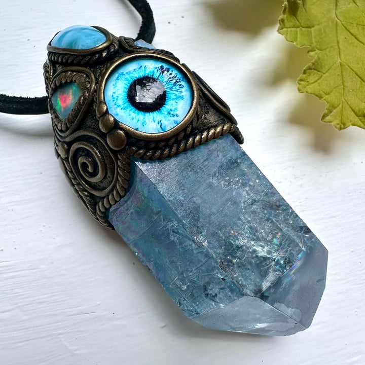 Aqua Aura Quartz Larimar and Raw Opal Eye Wand / Pendant - FairyGardenGlow