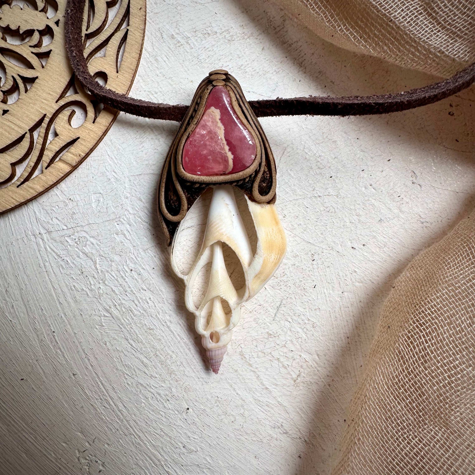 Seashell and Rhodochrosite Pendant - FairyGardenGlow