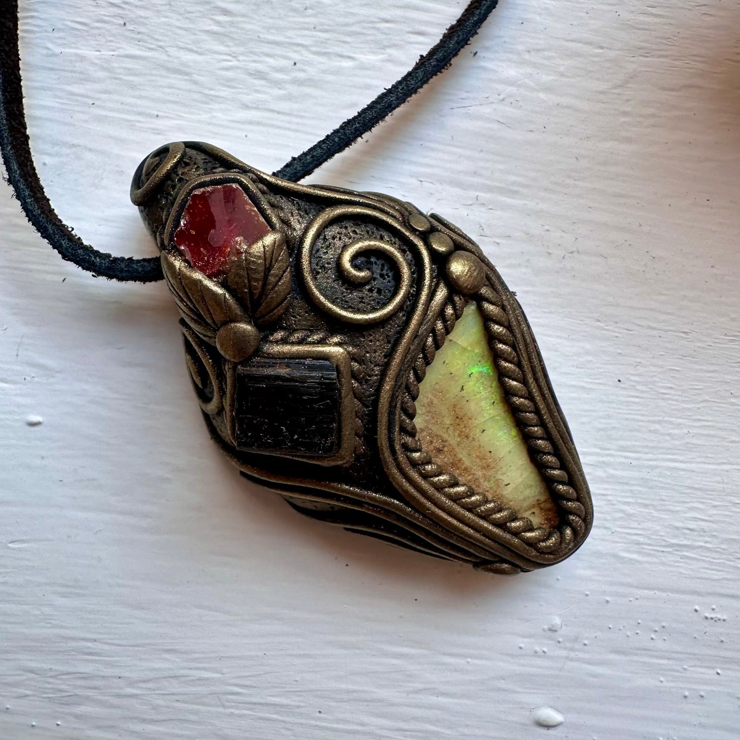 Boulder Opal Black Tourmaline and Vanadinite Pendant Necklace - FairyGardenGlow