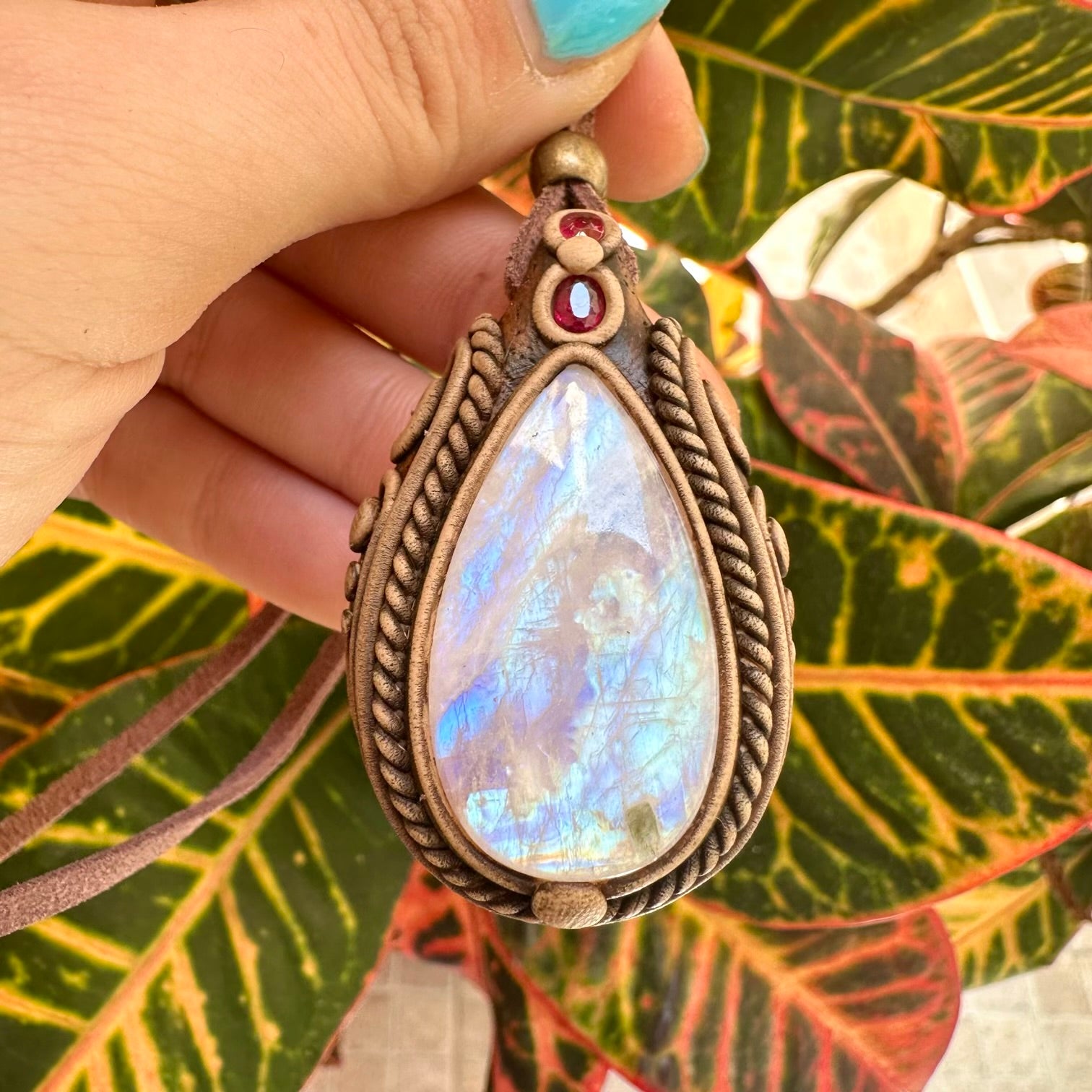 Rainbow Moonstone and Ruby Necklace - FairyGardenGlow