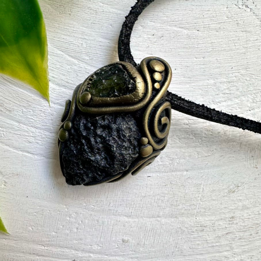 Unisex Handmade Necklace with Moldavite and Black Tektite – Crystal Jewelry for Balance