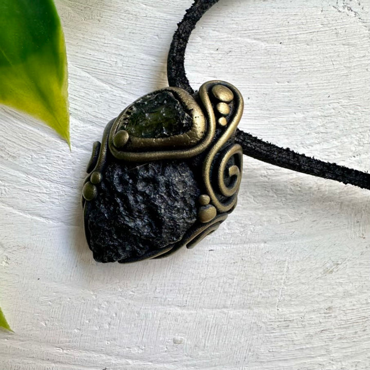 Unisex Handmade Necklace with Moldavite and Black Tektite – Crystal Jewelry for Balance