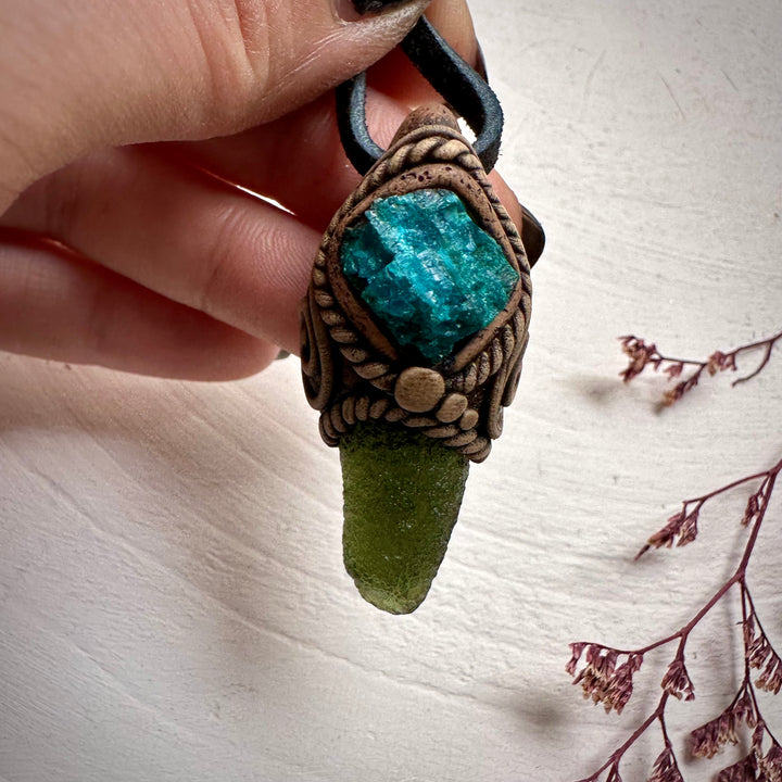 Moldavite and Raw Chrysocolla Necklace - FairyGardenGlow
