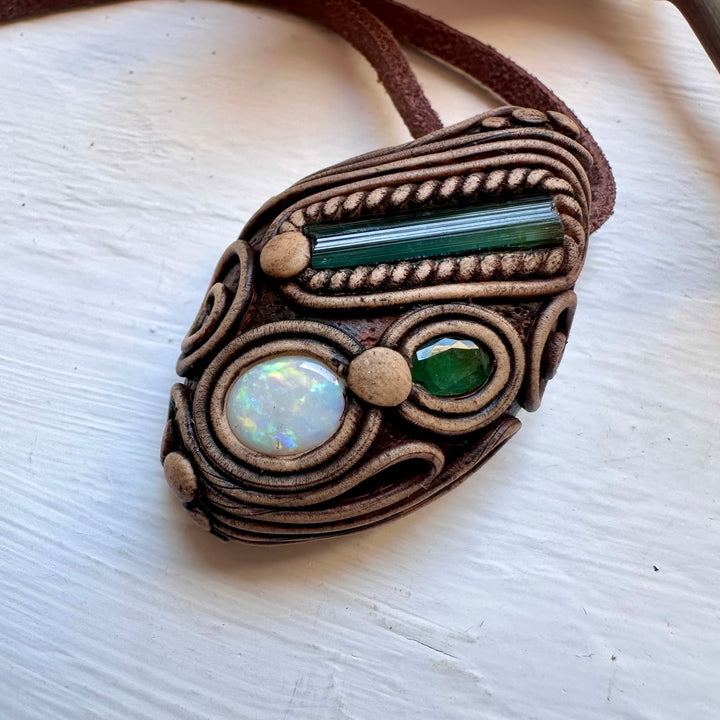 Green Tourmaline Emerald and Australian Opal Necklace - FairyGardenGlow
