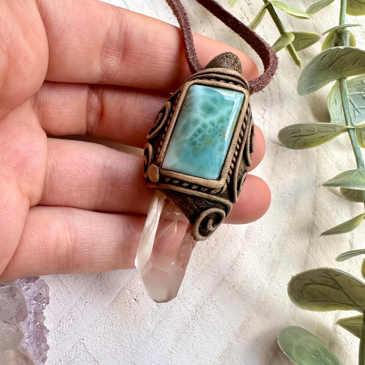 Lemurian quartz and larimar unisex spiritual jewelry