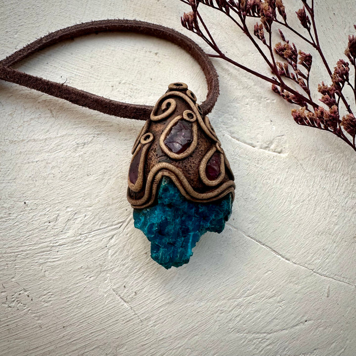 Raw Chrysocolla and Rhdololite Garnet Pendant Necklace - FairyGardenGlow