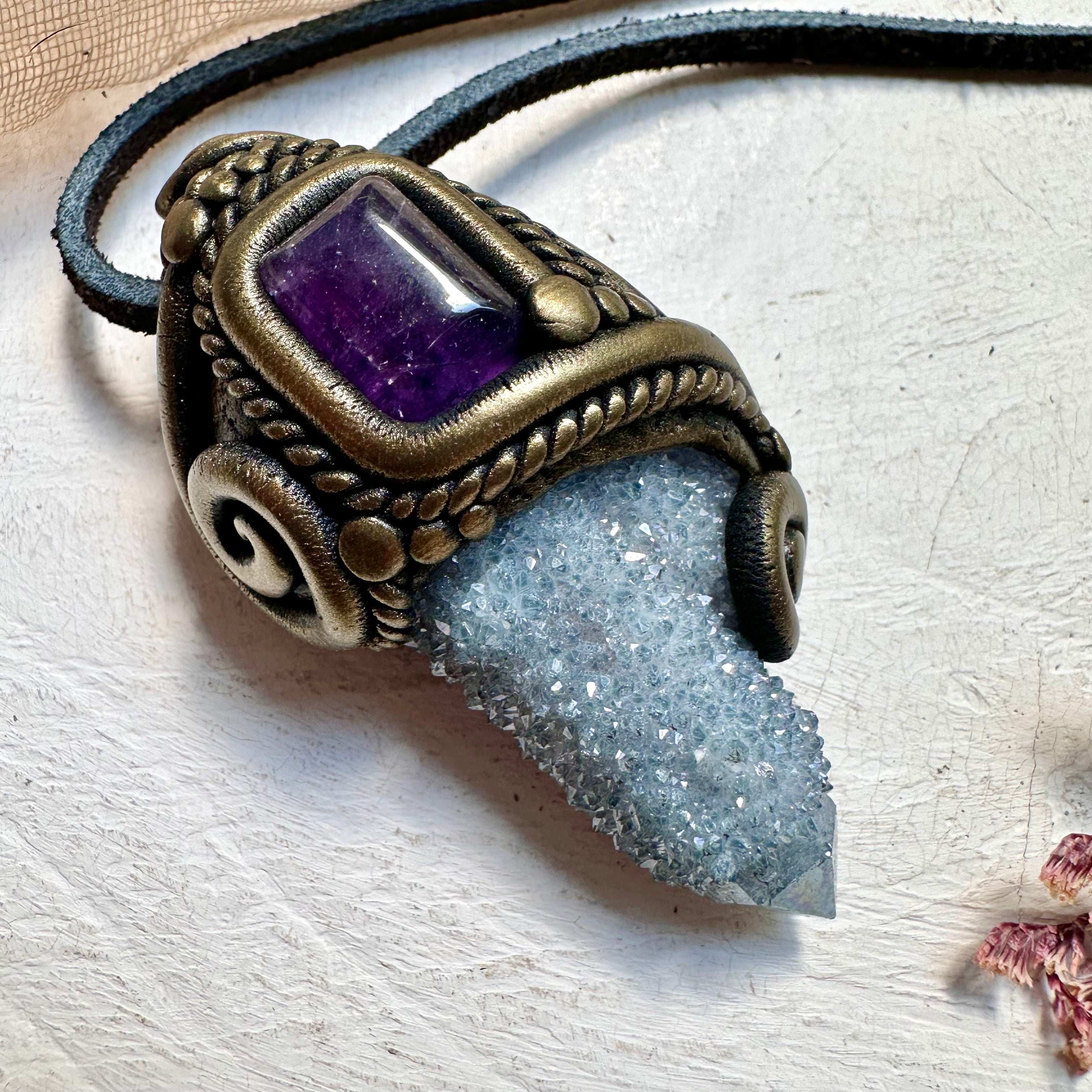 Aqua Aura Spirit Quartz and Amethyst Pendant Necklace - FairyGardenGlow