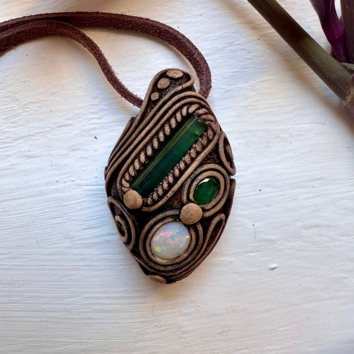 Green Tourmaline Emerald and Australian Opal Necklace - FairyGardenGlow