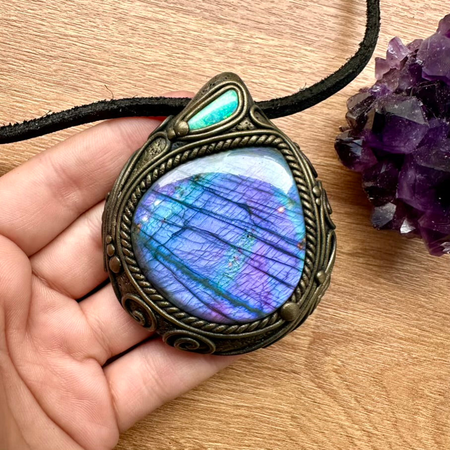 Large Purple Labradorite and Australian Opal Necklace, Unique Crystal Pendant - FairyGardenGlow