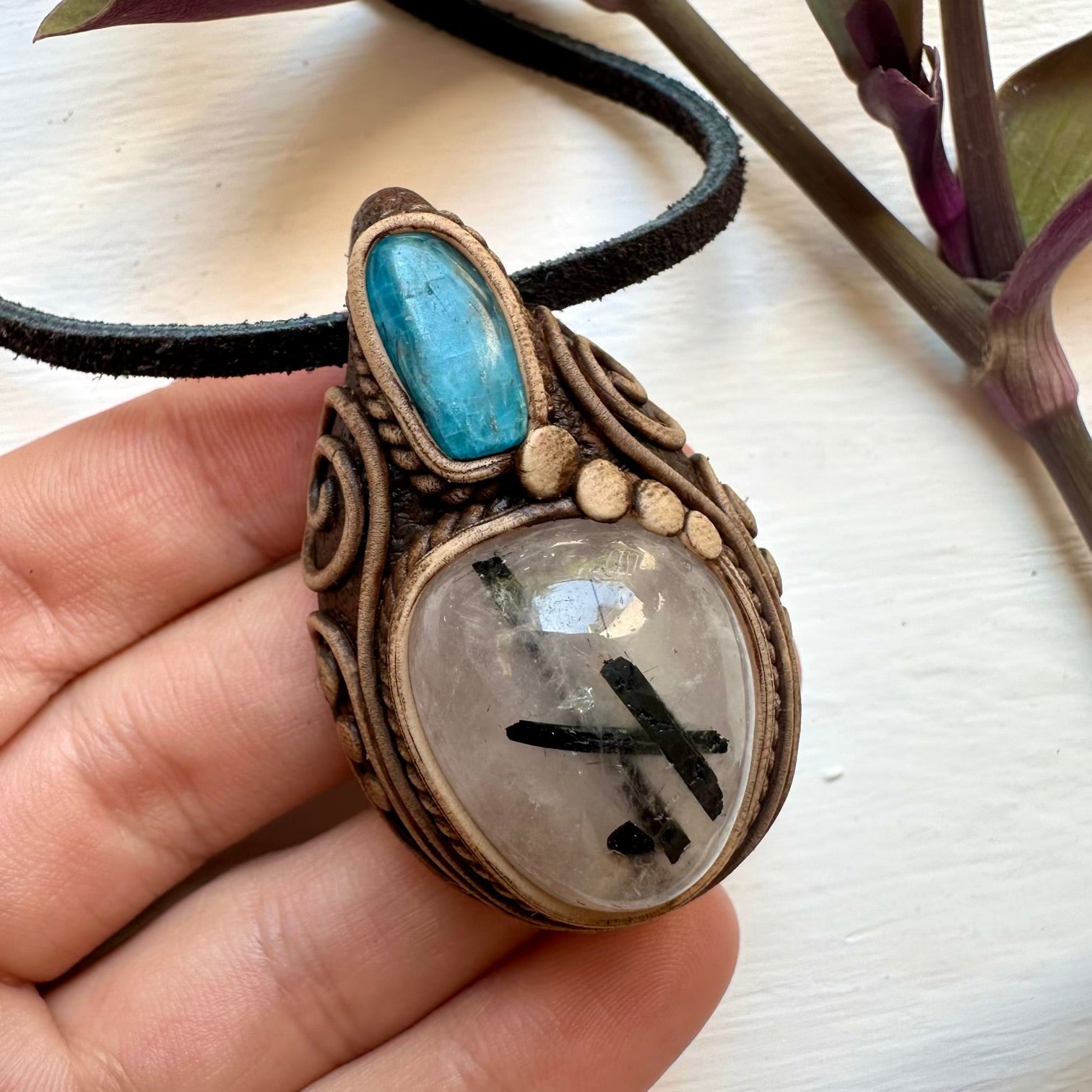 Tourmaline in Quartz and Blue Apatite Necklace - FairyGardenGlow