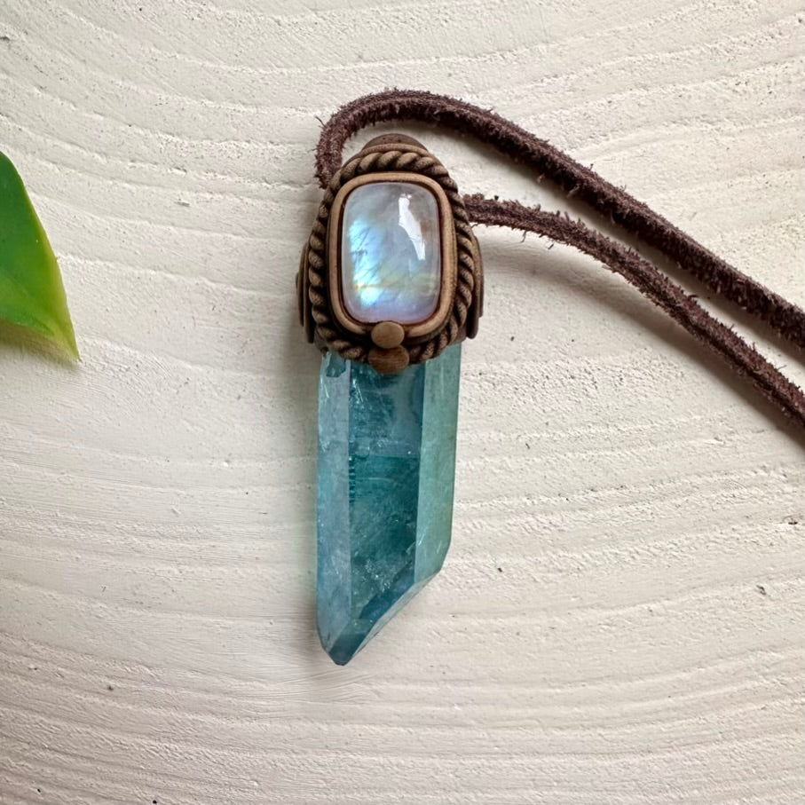 Aqua Aura Quartz and Moonstone Pendant Necklace, Handmade Jewelry
