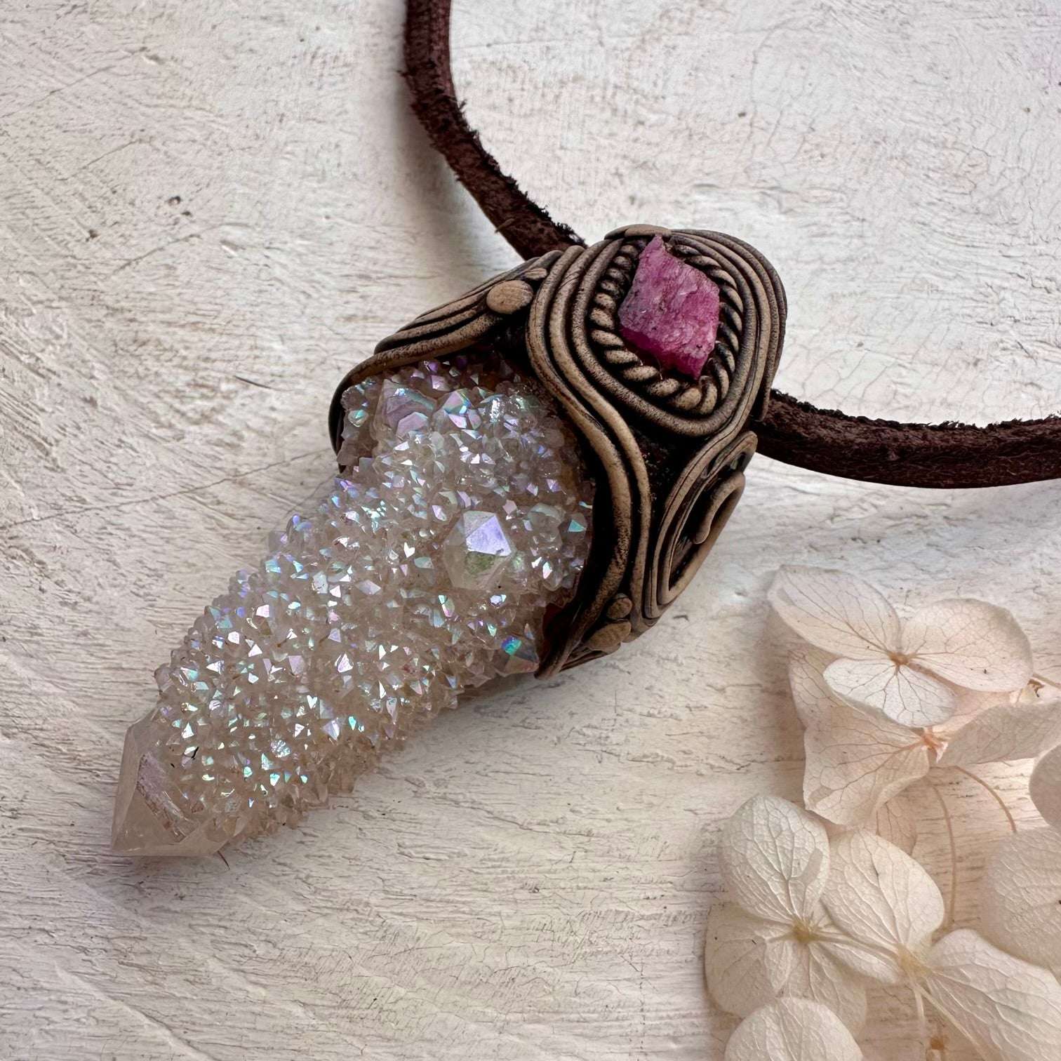 Angel Aura Spirit Quartz and Ruby Pendant Necklace - FairyGardenGlow
