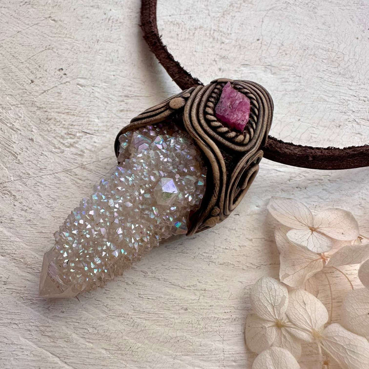 Angel Aura Spirit Quartz and Ruby Pendant Necklace - FairyGardenGlow